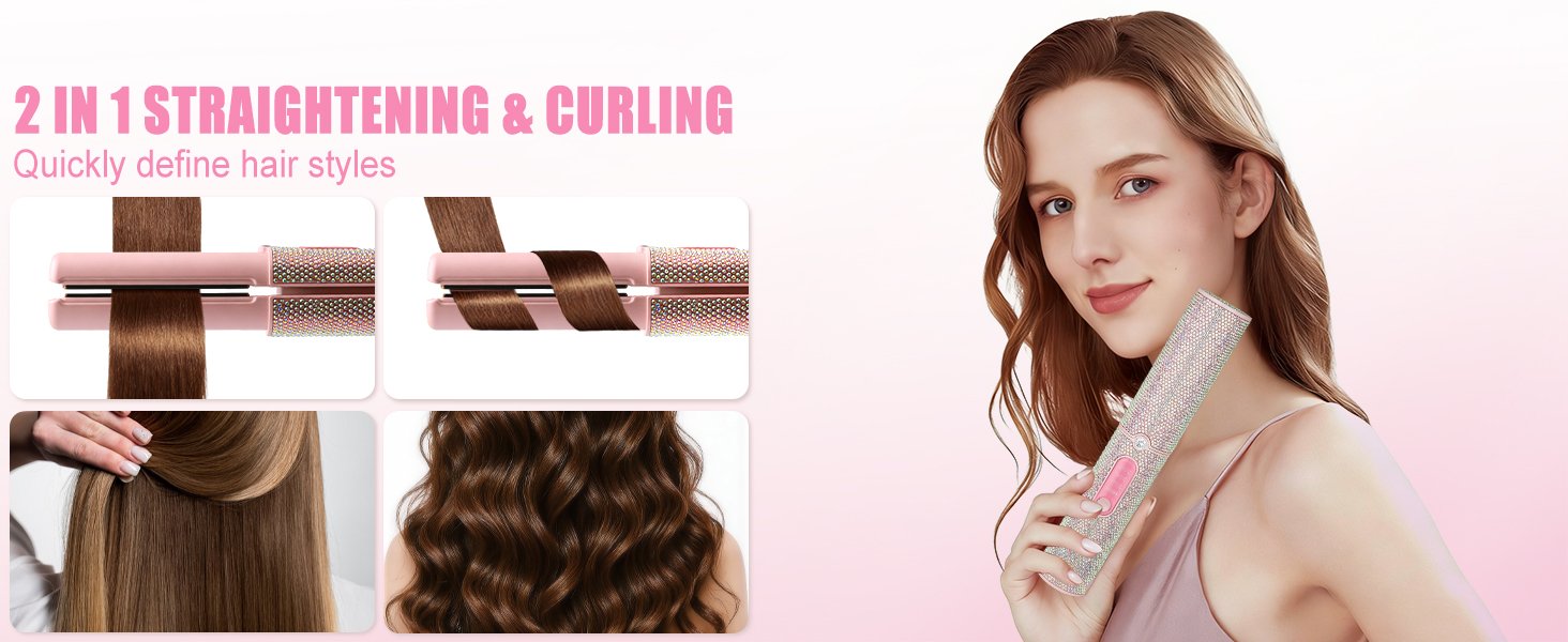 Text reads '2 IN 1 STRAIGHTENING & CURLING'. Demonstration images showing hair styling tool being used for both straightening and curling hair styles.