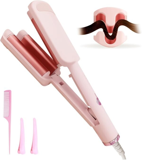 Deep Beach Waver & Curling Iron, Ionic Waver Hair Curler Tool, Ceramic 3 Barrel Curler Wand for Short Hair Women (Pink)
