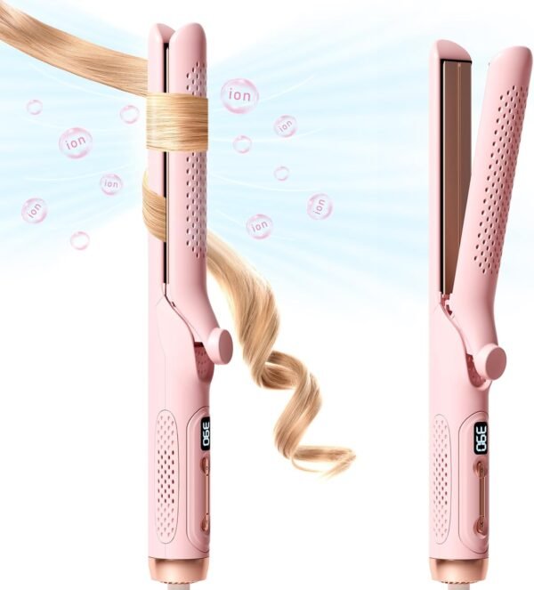 Hair Straightener Curler 2-in-1: 1.25" Flat Iron for Women - Curling Wand 360° Airflow Cooling Vents Titanium Ionic for Less Frizz - 5 Temps & Auto Off Dual Voltage (Pink)
