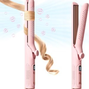 Hair Straightener Curler 2-in-1: 1.25" Flat Iron for Women - Curling Wand 360° Airflow Cooling Vents Titanium Ionic for Less Frizz - 5 Temps & Auto Off Dual Voltage (Pink)