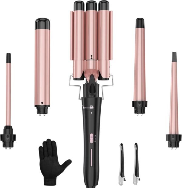 Curling Wand Set, Curling Iron Interchangeable 3 Barrel Wand Curler with Ceramic Tourmaline Professional 5 in 1 Wand Curling Iron,for Women with Curler and Waver