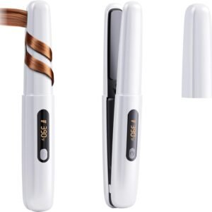 Cordless Hair Straightener Curler 2 in 1 Ceramic Flat Iron Mini Portable Fast Heating 30s 4500mAh Battery 4 Temp Adjustments LCD Display USB Rechargeable for Women Men with Pouch (White)