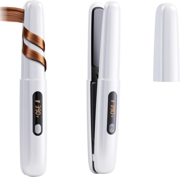 Cordless Hair Straightener Curler 2 in 1 Ceramic Flat Iron Mini Portable Fast Heating 30s 4500mAh Battery 4 Temp Adjustments LCD Display USB Rechargeable for Women Men with Pouch (White)