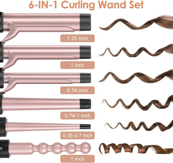 6-in-1 Curling Iron, Professional Instant Heat Up Hair Curling Wand Set with 6 Interchangeable Ceramic Barrels (0.35'' to 1.25'') and 2 Temperature Adjustments, Heat Protective Glove & 2 Clips