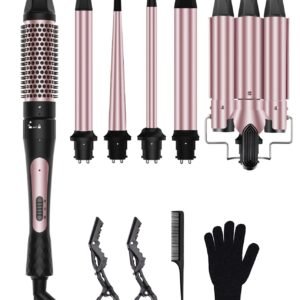 6 in 1 Wand Curling Iron Set, 3 Barrel Curling Wand Set with Thermal Brush (1.5") and 5 Interchangeable Ceramic Hair Wand Curler (0.35"-1.25"), Home Travel Multi Curl, 2 Temp 30S Instant Heat Up