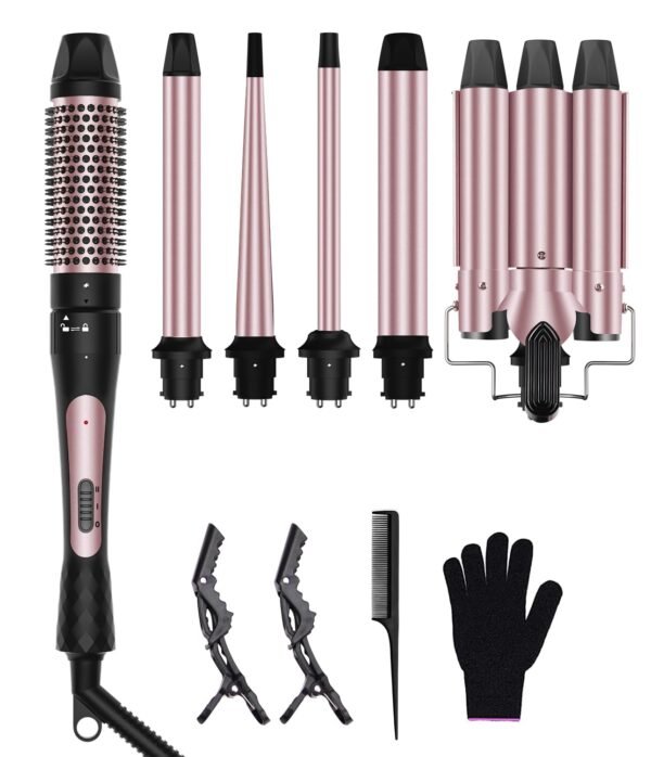 6 in 1 Wand Curling Iron Set, 3 Barrel Curling Wand Set with Thermal Brush (1.5") and 5 Interchangeable Ceramic Hair Wand Curler (0.35"-1.25"), Home Travel Multi Curl, 2 Temp 30S Instant Heat Up