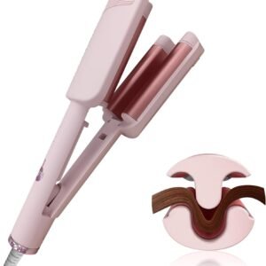 Waver Curling Iron Hair Crimper, Ionic Deep Waver Hair Curler Tool, Beach Waver Curling Wand, 2 in 1 straightener and curler with Ceramic 3 Barrel for Women, Dual Voltage, Anti-Scald, 1.25 Inch (Pink)
