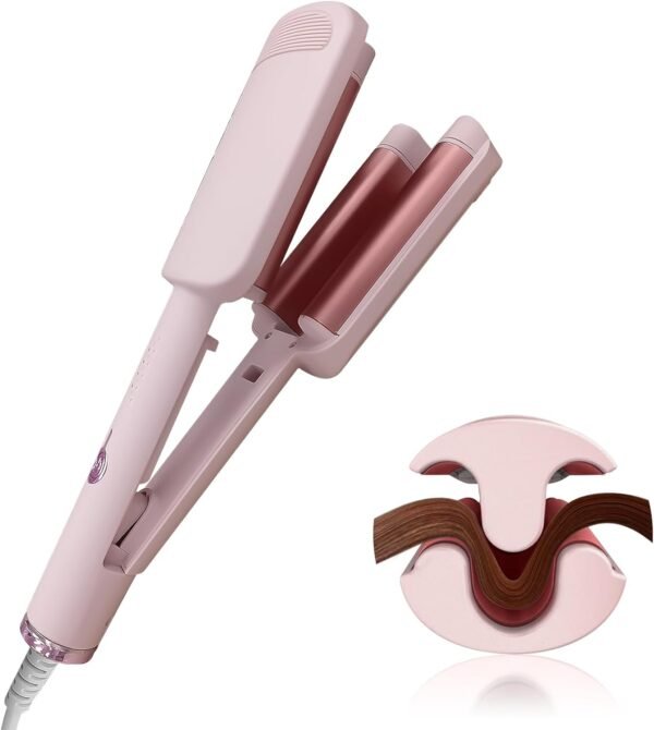 Waver Curling Iron Hair Crimper, Ionic Deep Waver Hair Curler Tool, Beach Waver Curling Wand, 2 in 1 straightener and curler with Ceramic 3 Barrel for Women, Dual Voltage, Anti-Scald, 1.25 Inch (Pink)