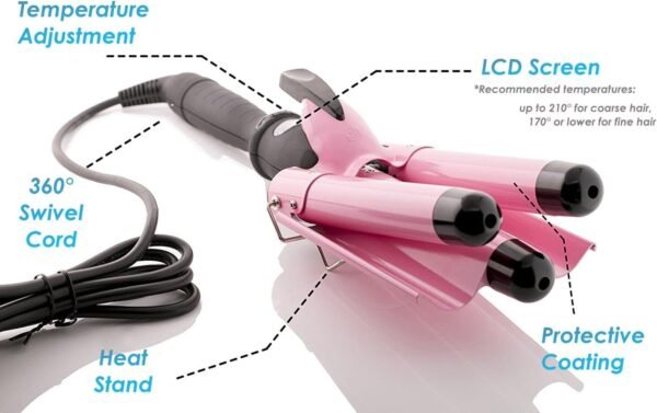 Three Barrel Curling Iron Wand with LCD Temperature Display - 1 Inch Ceramic Tourmaline Triple Barrels, Dual Voltage Crimping Tool, Best Hair Waver for Beachy/Frizz Free Waves (Pink/Black)