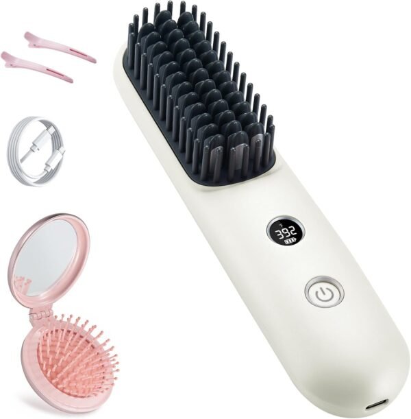 LCD Screen Cordless Hair Straightener Curler 2 in 1, Portable Mini Hair Straightening Brush for Travel Negative Ionic Fast Heating Hot Comb for Women, Folding Brush with Mirror, Pink