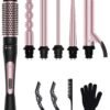 6 in 1 Wand Curling Iron Set, 3 Barrel Curling Wand Set with Thermal Brush (1.5") and 5 Interchangeable Ceramic Hair Wand Curler (0.35"-1.25"), Home Travel Multi Curl, 2 Temp 30S Instant Heat Up