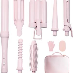 Curling Iron Set 7-in-1, Multi Curler Wand Set with 5 Interchangeable Barrels(0.6"-1.25"), Crimper Styling Tools, Heated Round Brush, Hair Straightener, Ceramic Coating with Pink Gift Package
