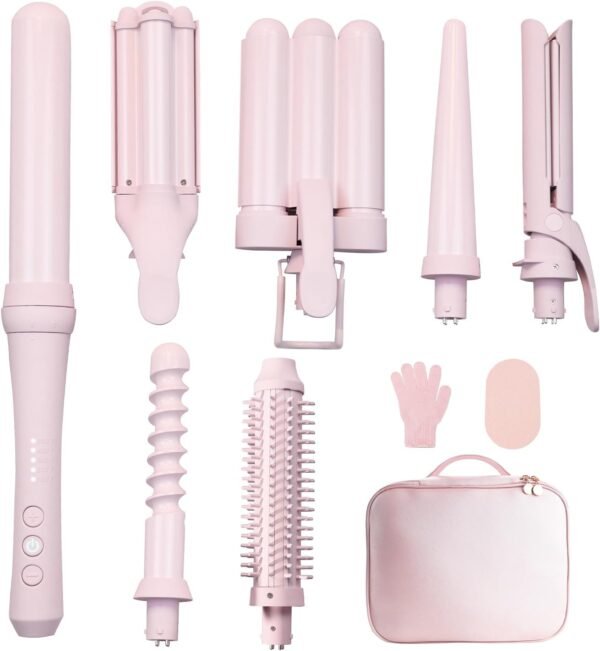 Curling Iron Set 7-in-1, Multi Curler Wand Set with 5 Interchangeable Barrels(0.6"-1.25"), Crimper Styling Tools, Heated Round Brush, Hair Straightener, Ceramic Coating with Pink Gift Package