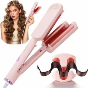 Curling Iron Hair Crimper Waver - 3 Barrel Rovy Wave Curling Iron, 1.25 Inch Ionic Beach Waves Curling Wand, Deep Waver Hair Curler Hot Tool with Ceramic for Women, Dual Voltage, Easy to Use