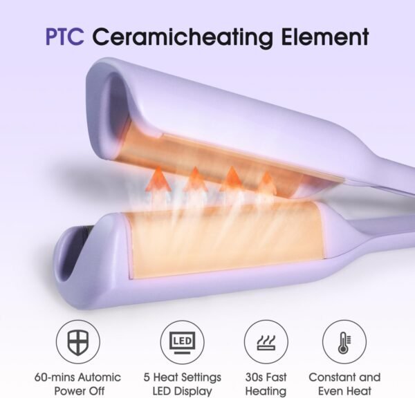 Beach Wave Curling Iron Deep Waver Hair Tool, Mermaid Hair Waver for Women Crimper, Anti-Scald, Dual Voltage, 1.4 Inch Ceramic Double Barrel Wavy Curling Iron, Purple