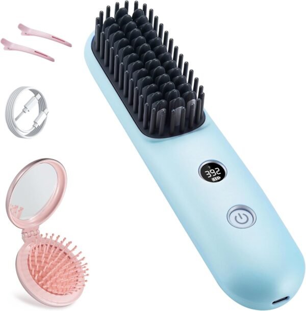 LCD Screen Cordless Hair Straightener Curler 2 in 1, Portable Mini Hair Straightening Brush for Travel Negative Ionic Fast Heating Hot Comb for Women, Folding Brush with Mirror, Pink