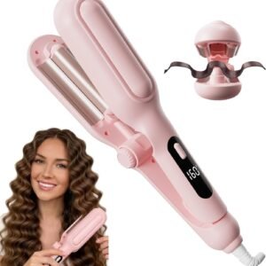 1&1.25 Inch Hair Crimper for Women - Curling Iron Waver Hair Tool to Adjustable Groove - Rizadora para Cabello - Anti-Scald Tech Hair Waver - Ionic Ceramic Coating for Long-Lasting,Fast Heating,Pink