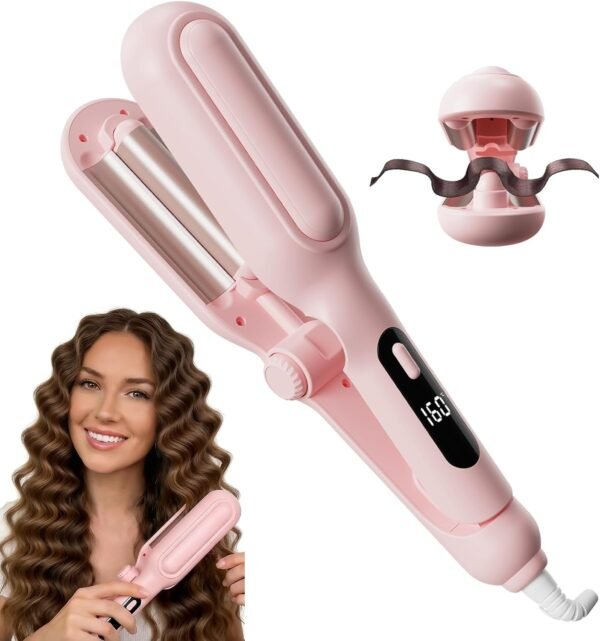 1&1.25 Inch Hair Crimper for Women - Curling Iron Waver Hair Tool to Adjustable Groove - Rizadora para Cabello - Anti-Scald Tech Hair Waver - Ionic Ceramic Coating for Long-Lasting,Fast Heating,Pink