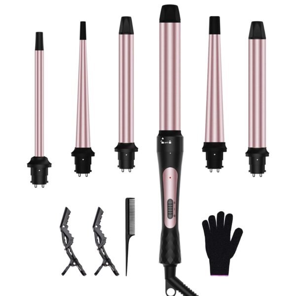 6 in 1 Wand Curling Iron Set, 3 Barrel Curling Wand Set with Thermal Brush (1.5") and 5 Interchangeable Ceramic Hair Wand Curler (0.35"-1.25"), Home Travel Multi Curl, 2 Temp 30S Instant Heat Up