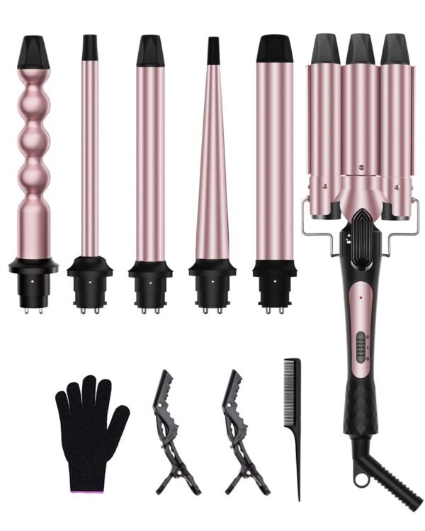 6 in 1 Wand Curling Iron Set, 3 Barrel Curling Wand Set with Thermal Brush (1.5") and 5 Interchangeable Ceramic Hair Wand Curler (0.35"-1.25"), Home Travel Multi Curl, 2 Temp 30S Instant Heat Up