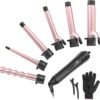 6-in-1 Curling Iron, Professional Instant Heat Up Hair Curling Wand Set with 6 Interchangeable Ceramic Barrels (0.35'' to 1.25'') and 2 Temperature Adjustments, Heat Protective Glove & 2 Clips