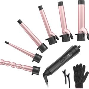 6-in-1 Curling Iron, Professional Instant Heat Up Hair Curling Wand Set with 6 Interchangeable Ceramic Barrels (0.35'' to 1.25'') and 2 Temperature Adjustments, Heat Protective Glove & 2 Clips