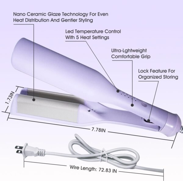 Beach Wave Curling Iron Deep Waver Hair Tool, Mermaid Hair Waver for Women Crimper, Anti-Scald, Dual Voltage, 1.4 Inch Ceramic Double Barrel Wavy Curling Iron, Purple