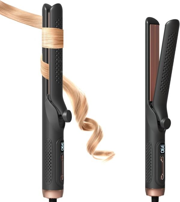 Hair Straightener Curler 2-in-1: 1.25" Flat Iron for Women - Curling Wand 360° Airflow Cooling Vents Titanium Ionic for Less Frizz - 5 Temps & Auto Off Dual Voltage (Pink)