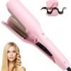 Hair Crimper, Waver Curling Iron Hair Styling Tool with Negative Ionic Technology Crimper Hair Tool for Creating Smooth Waves, French Anti-Scald Wave 32mm Curling Iron for Short Hiar, Pink