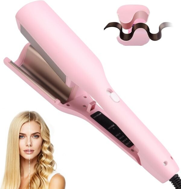 Hair Crimper, Waver Curling Iron Hair Styling Tool with Negative Ionic Technology Crimper Hair Tool for Creating Smooth Waves, French Anti-Scald Wave 32mm Curling Iron for Short Hiar, Pink
