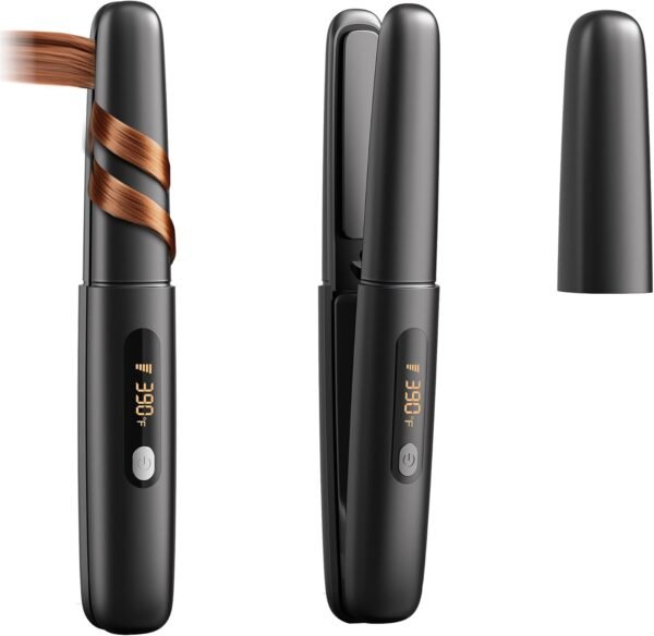 Cordless Hair Straightener Curler 2 in 1 Ceramic Flat Iron Mini Portable Fast Heating 30s 4500mAh Battery 4 Temp Adjustments LCD Display USB Rechargeable for Women Men with Pouch (White)