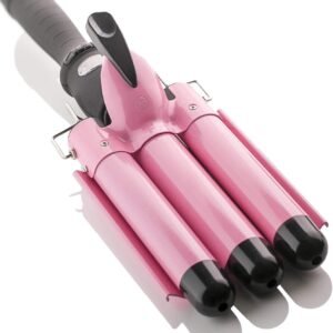 Three Barrel Curling Iron Wand with LCD Temperature Display - 1 Inch Ceramic Tourmaline Triple Barrels, Dual Voltage Crimping Tool, Best Hair Waver for Beachy/Frizz Free Waves (Pink/Black)