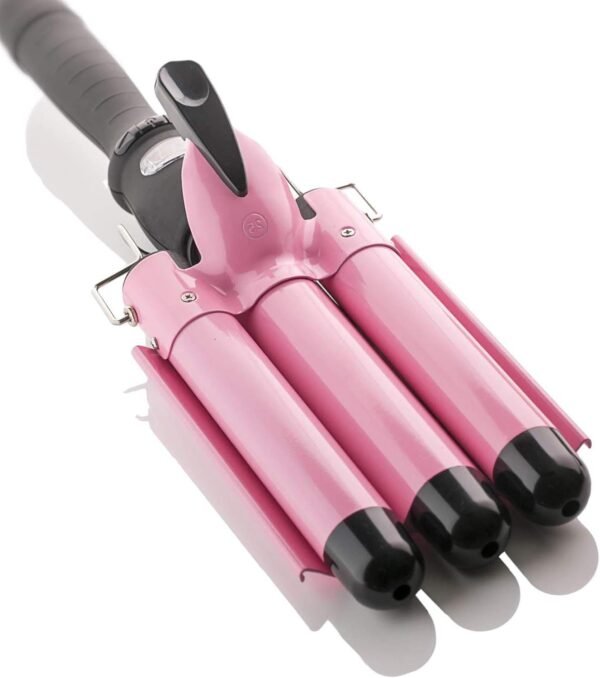 Three Barrel Curling Iron Wand with LCD Temperature Display - 1 Inch Ceramic Tourmaline Triple Barrels, Dual Voltage Crimping Tool, Best Hair Waver for Beachy/Frizz Free Waves (Pink/Black)