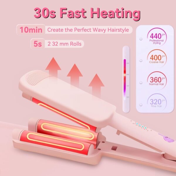 Curling Iron Hair Crimper Waver - 3 Barrel Rovy Wave Curling Iron, 1.25 Inch Ionic Beach Waves Curling Wand, Deep Waver Hair Curler Hot Tool with Ceramic for Women, Dual Voltage, Easy to Use