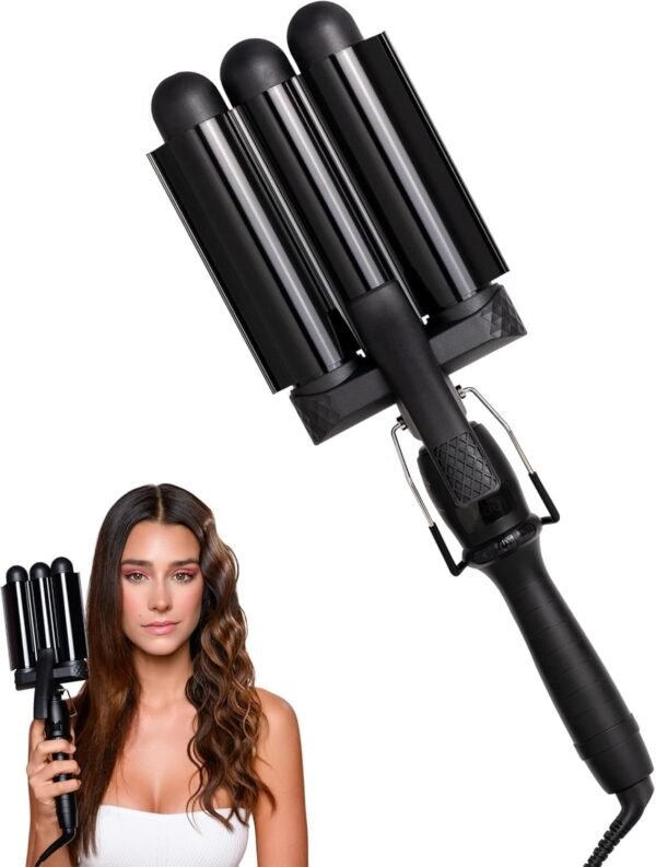 Hair Waver 1.25" - 3 Barrel Curling Iron 1 1/4 Inch, Ceramic Barrel Waver for Thick, Thin, Long, or Short Hair - 1.25", Black with Glove