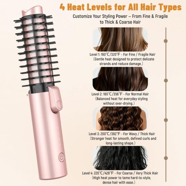 Cordless Curling Iron Brush, 3-in-1 Travel Hair Curler Straightener Brush, 7000mAh Rechargeable Mini Curling Iron Tool, 4 Temperatures/Fast Heating/Anti-Scald/Anti-Frizz Hot Rollers