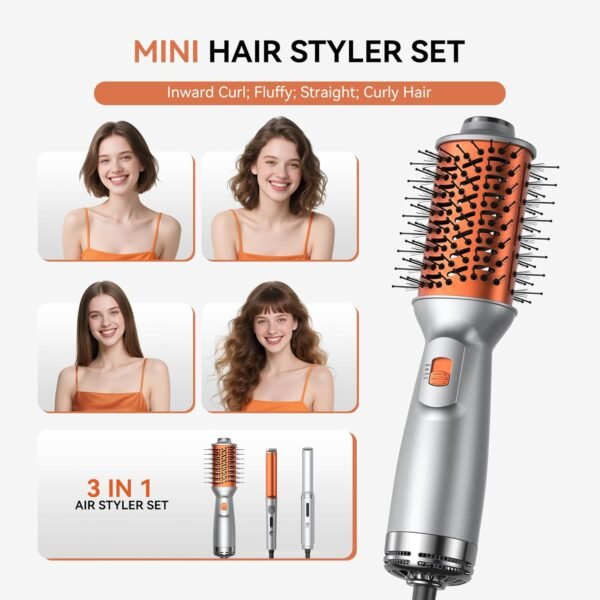 Travel Hair Dryer Brush Styling Set,Double Voltage 100–240V 4-in-1 Hot Air Brush,1 Inch Curling Iron & Mini Flat Iron Straightener,Travel Kit,for Drying, Straightening, Curling & Volumizing for Women