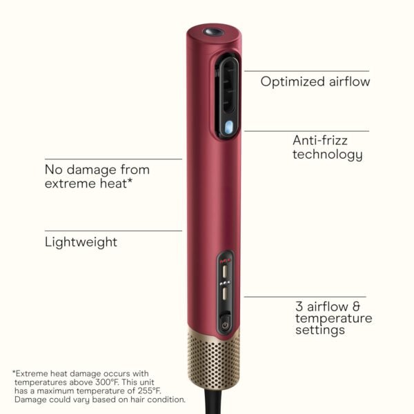 5-in-1 Hair Drying Wand, Straightener, and Styler, Ionic All-in-One Digital Motor Blow Dryer, Includes 4 High-Performance Attachments, Cherry Red