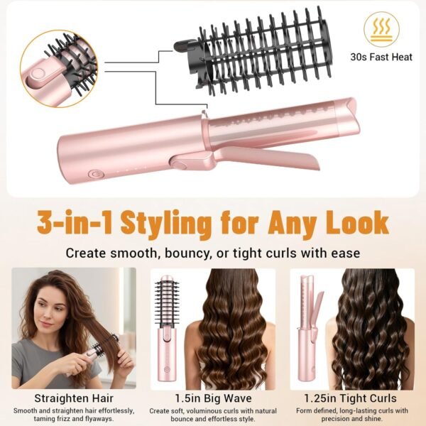 Cordless Curling Iron Brush, 3-in-1 Travel Hair Curler Straightener Brush, 7000mAh Rechargeable Mini Curling Iron Tool, 4 Temperatures/Fast Heating/Anti-Scald/Anti-Frizz Hot Rollers