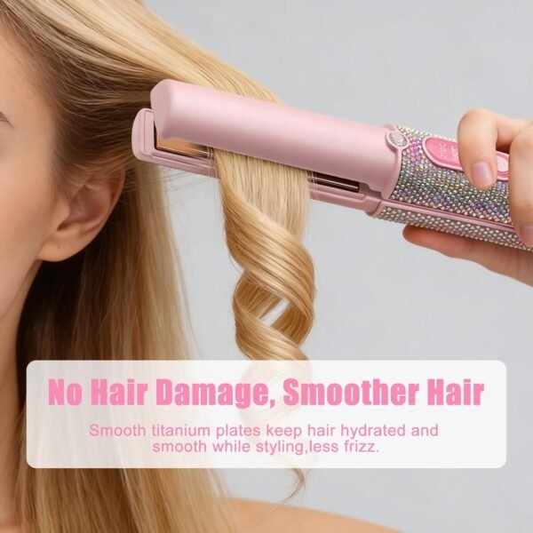 2-in-1 Cordless Hair Straightener Curler, 2S Rapid Preheating Titanium Flat Iron, 5000mAh USB-C Rechargeable Mini Travel Styling Tool, LCD 3 Temp Settings for Women (Pink, FCC-Certified)