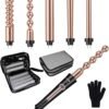 Curling Wand Set, Curling Iron Interchangeable 3 Barrel Wand Curler with Ceramic Tourmaline Professional 5 in 1 Wand Curling Iron,for Women with Curler and Waver