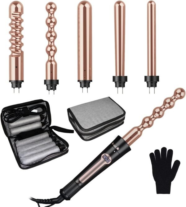 Curling Wand Set, Curling Iron Interchangeable 3 Barrel Wand Curler with Ceramic Tourmaline Professional 5 in 1 Wand Curling Iron,for Women with Curler and Waver