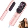 Cordless Hair Straightener Brush - Portable Hair Straightening Brush for Travel - 300M Negative Ions for Frizz-Free Shine, Touch Up On-The-Go, Fast Heating, Gift for Women, 10,000mAh, Powder Pink
