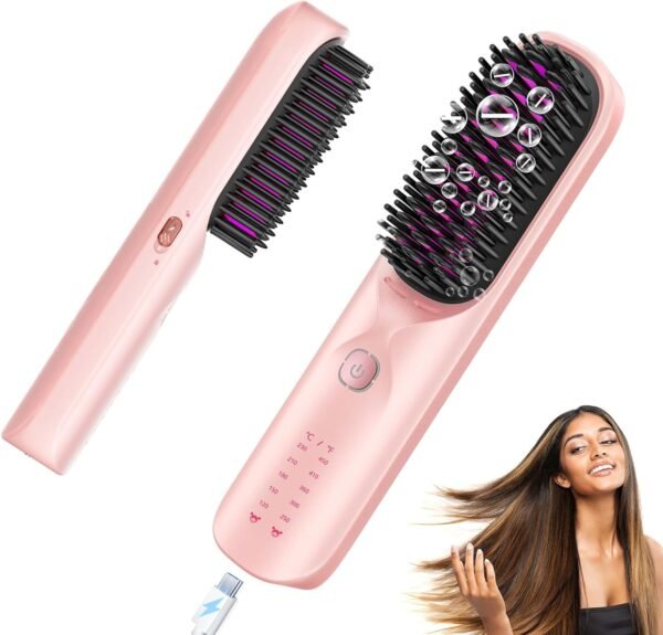 Cordless Hair Straightener Brush - Portable Hair Straightening Brush for Travel - 300M Negative Ions for Frizz-Free Shine, Touch Up On-The-Go, Fast Heating, Gift for Women, 10,000mAh, Powder Pink