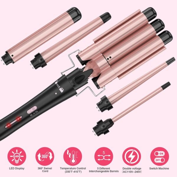 Curling Wand Set, Curling Iron Interchangeable 3 Barrel Wand Curler with Ceramic Tourmaline Professional 5 in 1 Wand Curling Iron,for Women with Curler and Waver