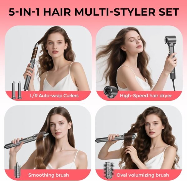 5 in 1 Hair Styler&Hair Dryer Brush,High-Speed Frizz-Free Blow Dryer,Ionic Fast Drying Hot Air Brush Air Styler Wrap, Auto Wrap Curler, Multi Styler Tools-Curl,Volumize, Straighten,Ideal Gift