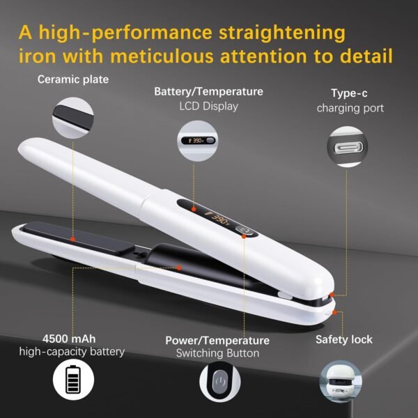 Cordless Hair Straightener Curler 2 in 1 Ceramic Flat Iron Mini Portable Fast Heating 30s 4500mAh Battery 4 Temp Adjustments LCD Display USB Rechargeable for Women Men with Pouch (White)