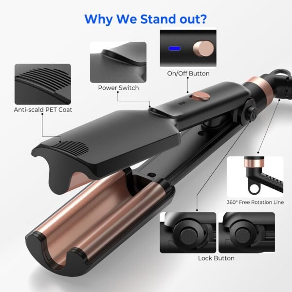 Crimper Hair Tool, Mini Hair Crimper for Women Heating up 390°F, Waver Curling Iron with Europe UK Adapter Plug, Double Voltage Crimping Iron for All Style (9.5 Inch/1.5 Inch)