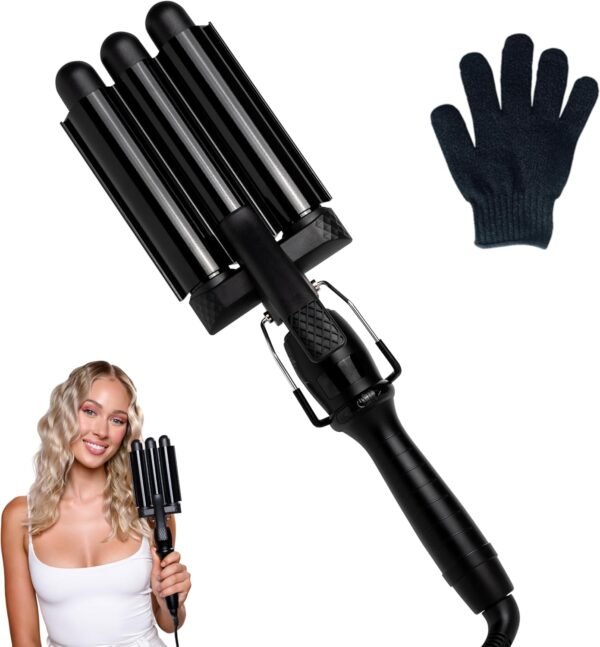 Hair Waver 1.25" - 3 Barrel Curling Iron 1 1/4 Inch, Ceramic Barrel Waver for Thick, Thin, Long, or Short Hair - 1.25", Black with Glove