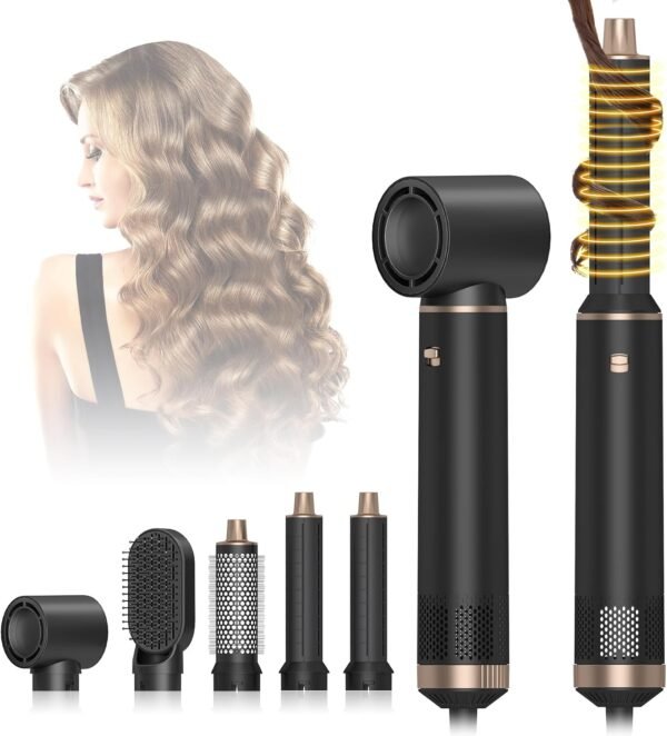 5 in 1 Hair Styler & Hot Air Brush - Air Curling Wrap with Low-Speed Negative Ion Technology, Hair Dryer Brush for Drying, Curling, Straightening & Styling, Hair Styling Tools at Home (Black)